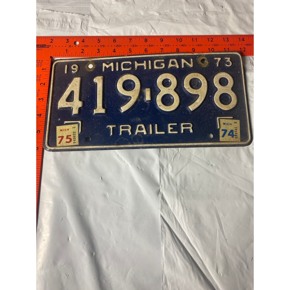 Vintage 1973 Michigan Trailer License Plate 419-898 w 1974 1975 Tabs